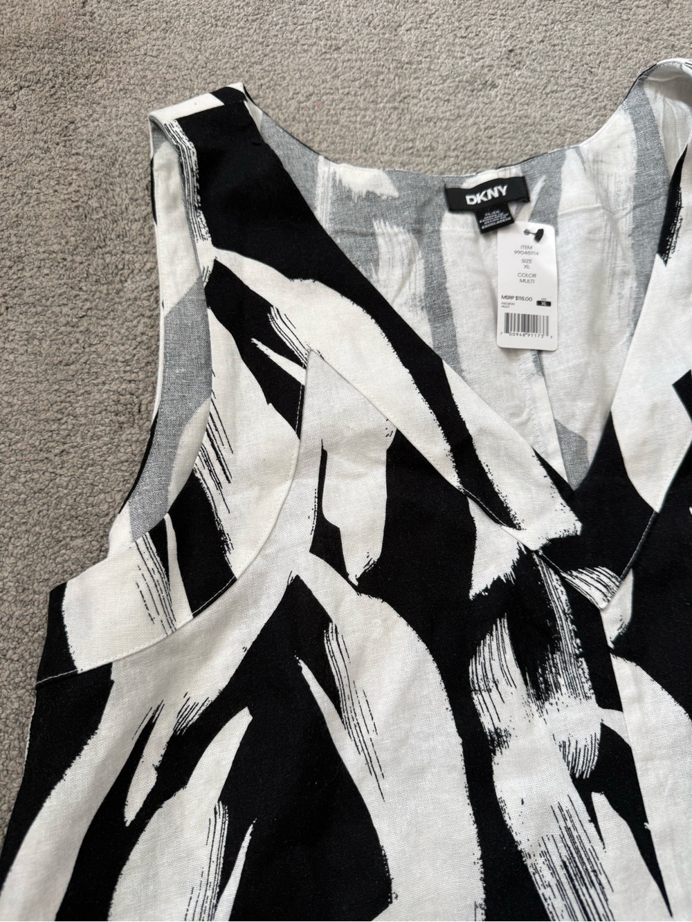 DKNY Linen Blend Black & White Brushstroke V-Neck Sleeveless Maxi Dress - Picture 2 of 7